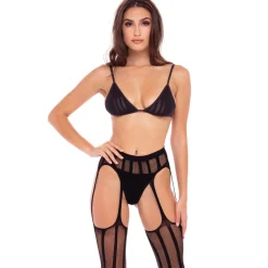 3 Piece Sheer Striped Bra Thong & Garter Belt Set